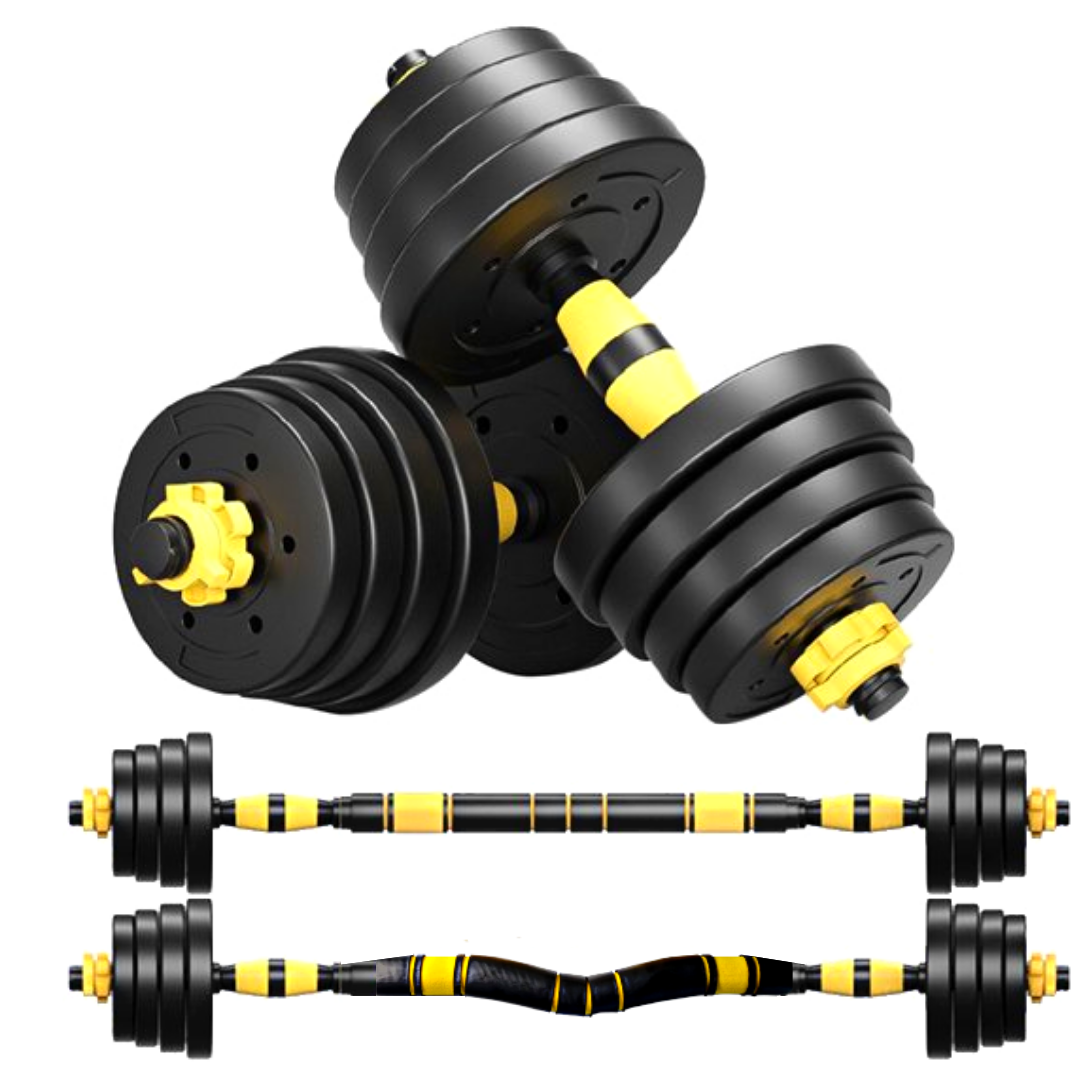 Adjustable dumbbell set with barbell rod yellow