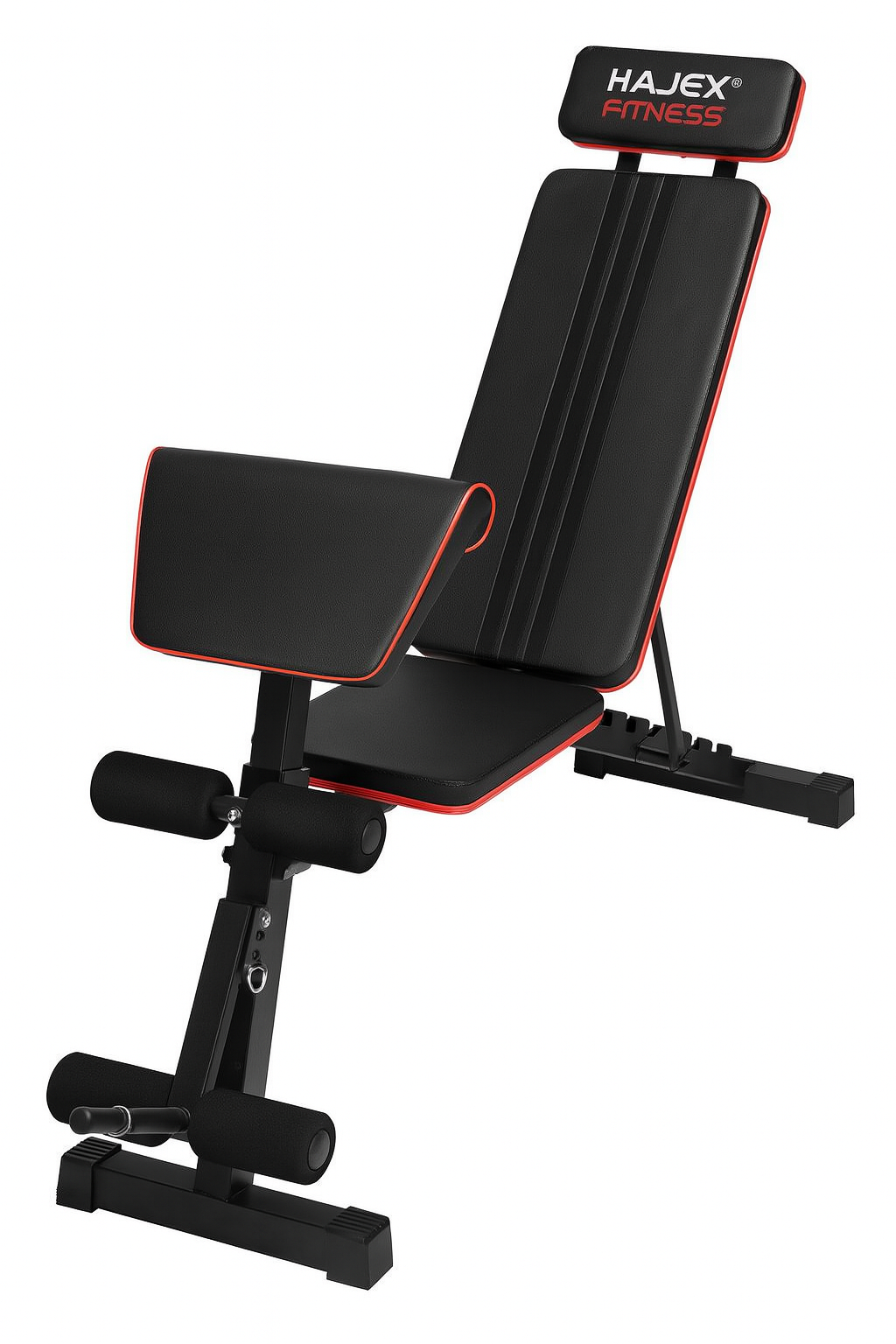 Black adjustable weight bench with red accents on a white background, featuring the Hajex Fitness brand.